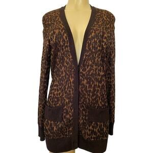 St John Knit Cardigan Sweater Animal Print Gold Brown V Neck Long Sleeve…